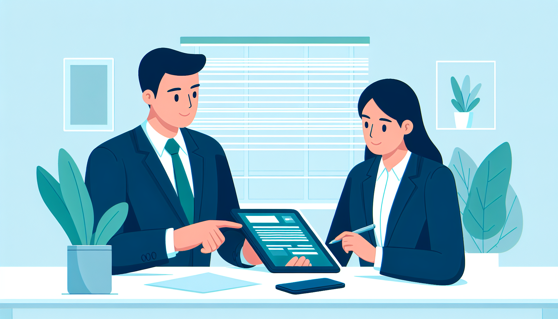 Profesional peruano asesorando a cliente en oficina moderna, mostrando documentación digital en tablet