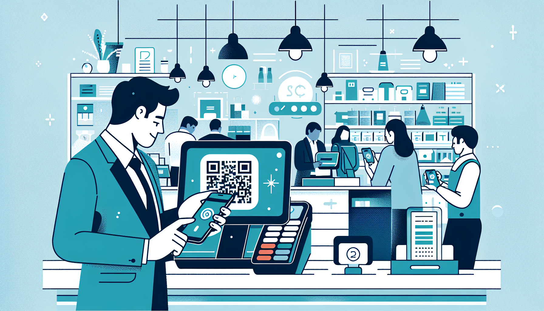 Cliente escaneando codigo QR interoperable con su celular en el mostrador de una tienda peruana, terminal de pago moderno, ambiente comercial dinamico